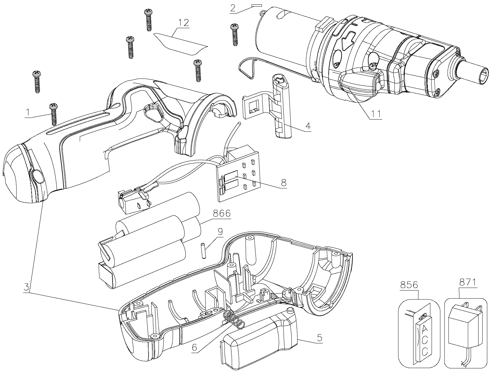 Default Diagram and Parts List for PP360-AR Type 1 Black and Decker Screwdriver
